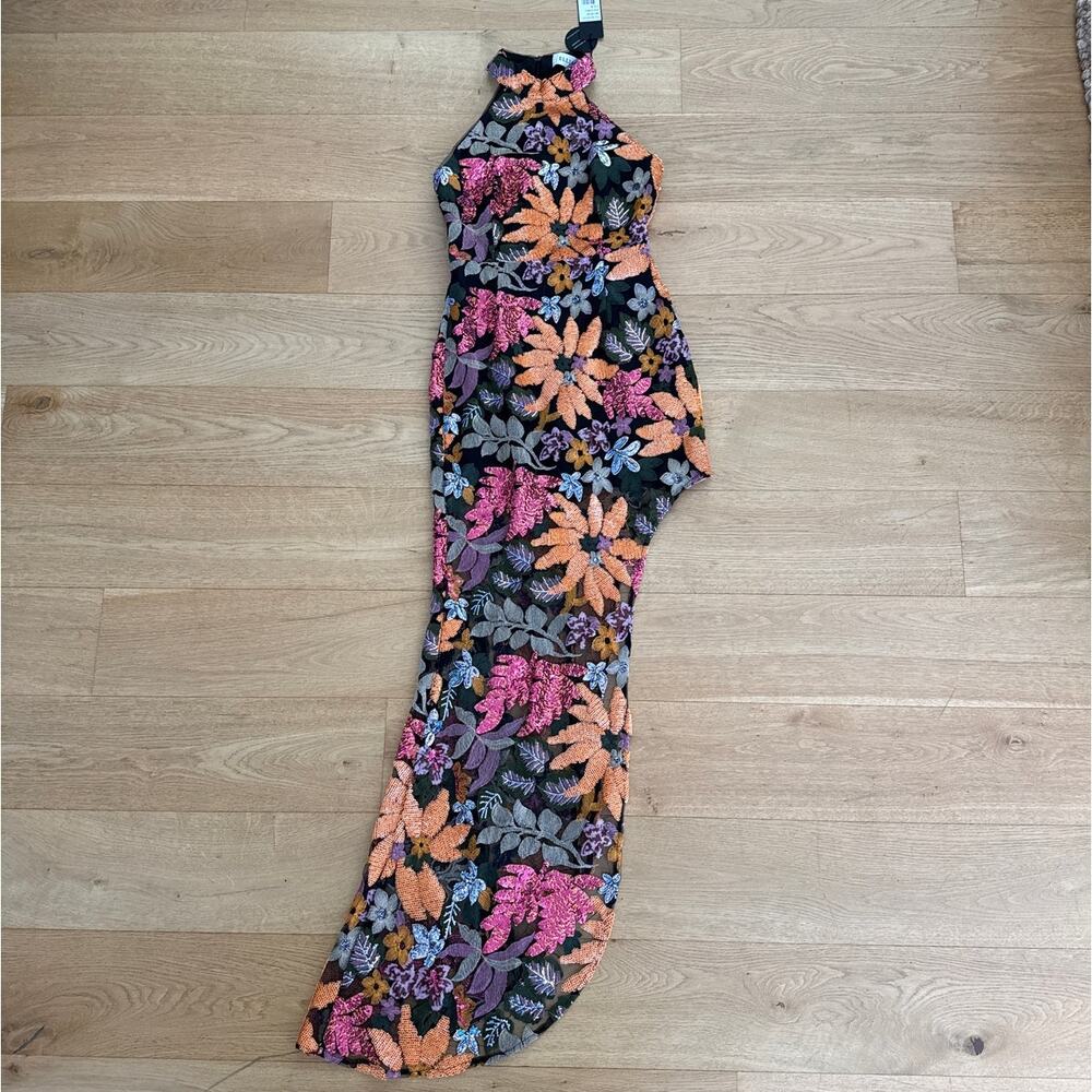 Elliatt Maxi Dress Sequins Embroidery Floral Kiran Size L Black Orange Pink